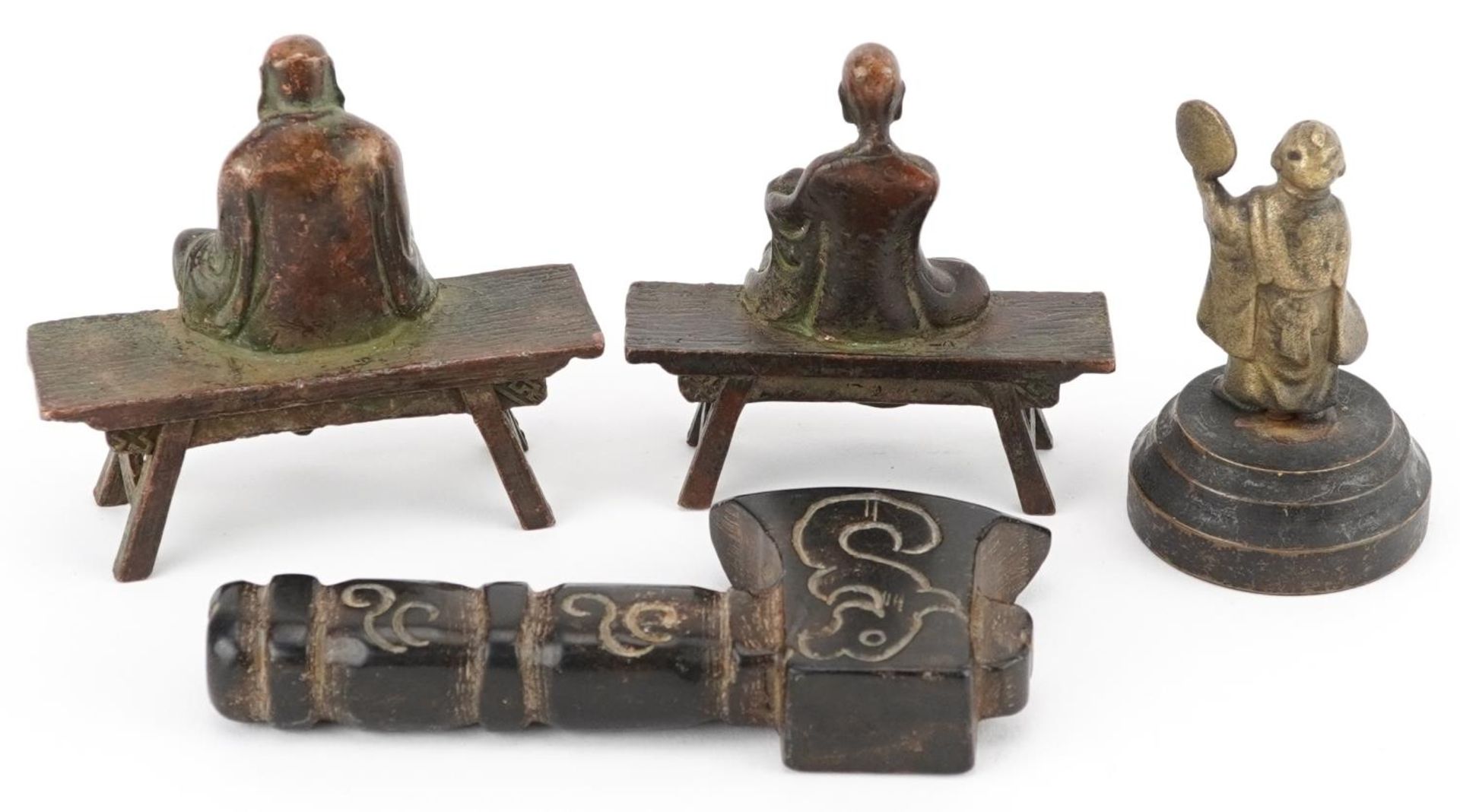 Chinese sundry items including an archaic style hardstone ax and two bronzes of monks, the largest - Image 2 of 3