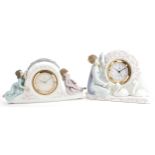 Two Lladro mantle clocks comprising Swan clock 5230 and Two Sisters clock 5770, the largest 32cm