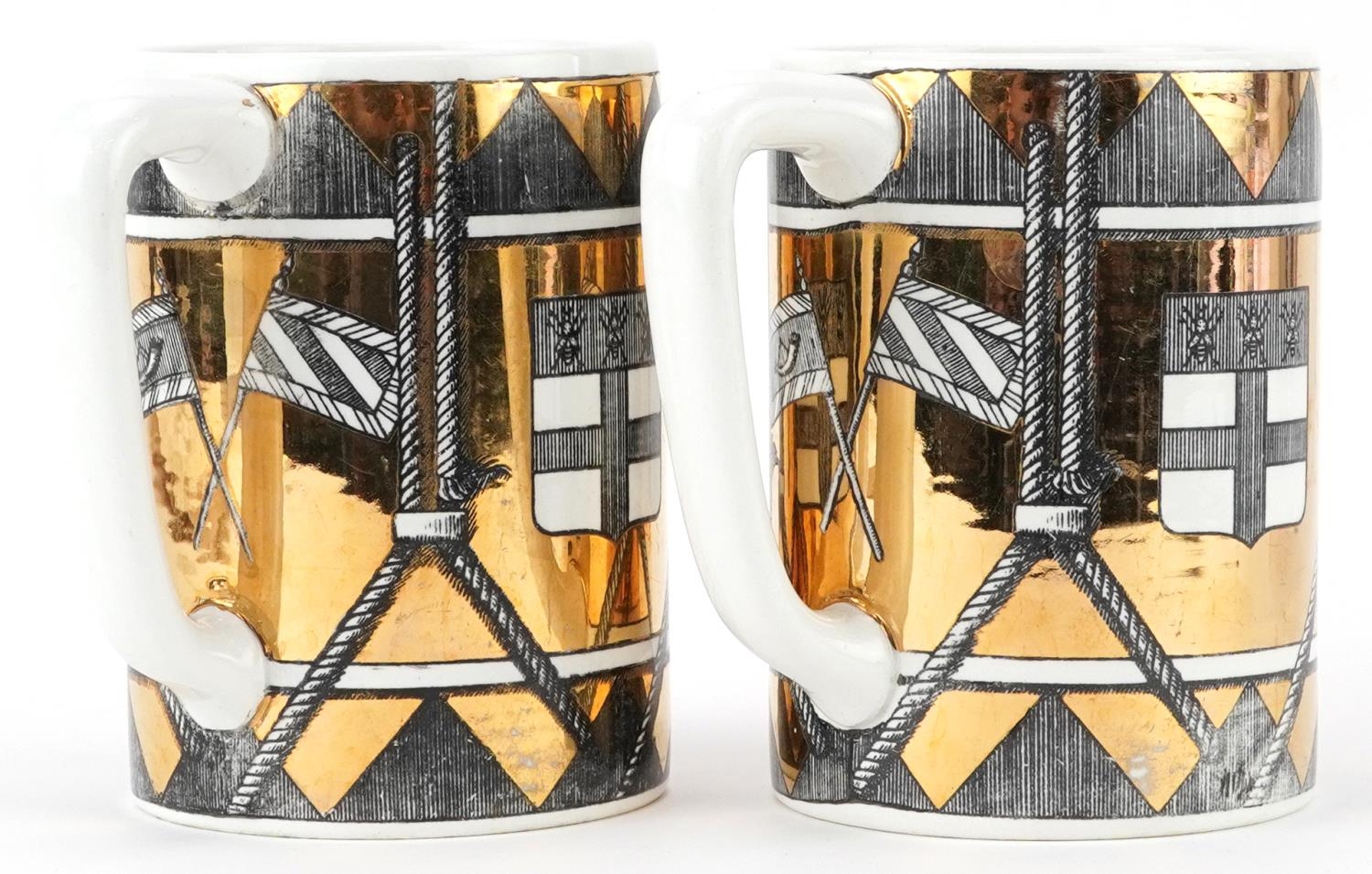 Piero Fornasetti, pair of vintage Italian gold lustre mugs decorated with shields, each 12.5cm high - Image 3 of 5