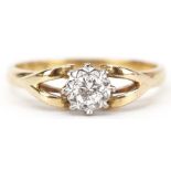 18ct gold diamond solitaire ring with split shoulders, the diamond approximately 0.13 carat, size