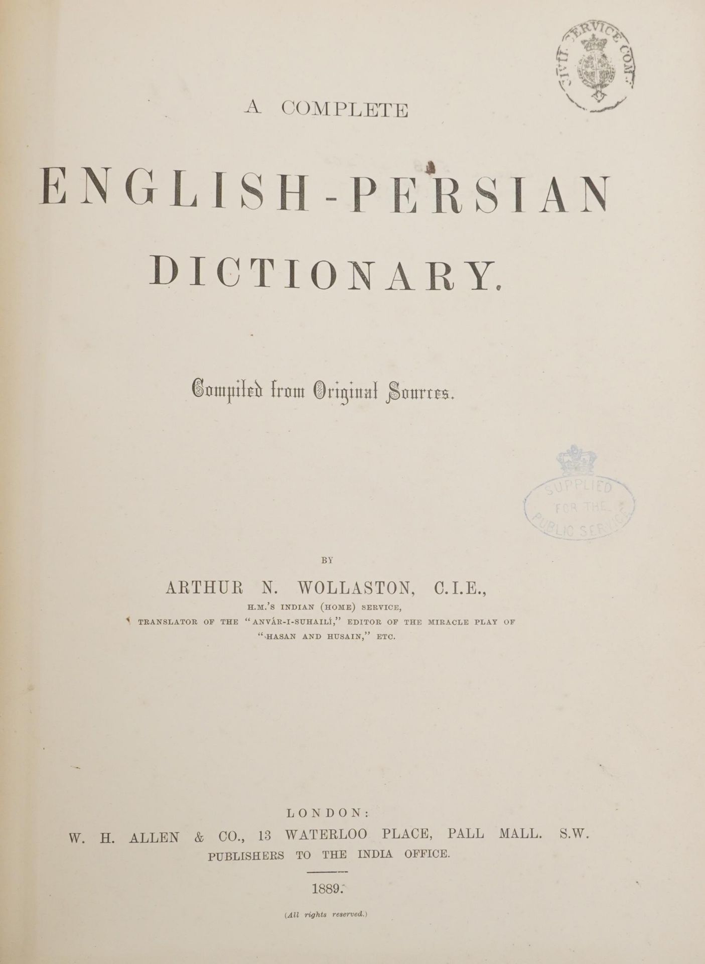 English-Persian Dictionary, 19th century hardback book by Arthur N Woolaston, published London W H - Bild 4 aus 5