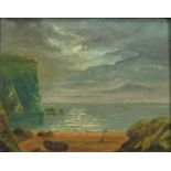 Moonlit coastal cove, early 20th century oil on board, mounted and framed, 33.5cm x 26.5cm excluding