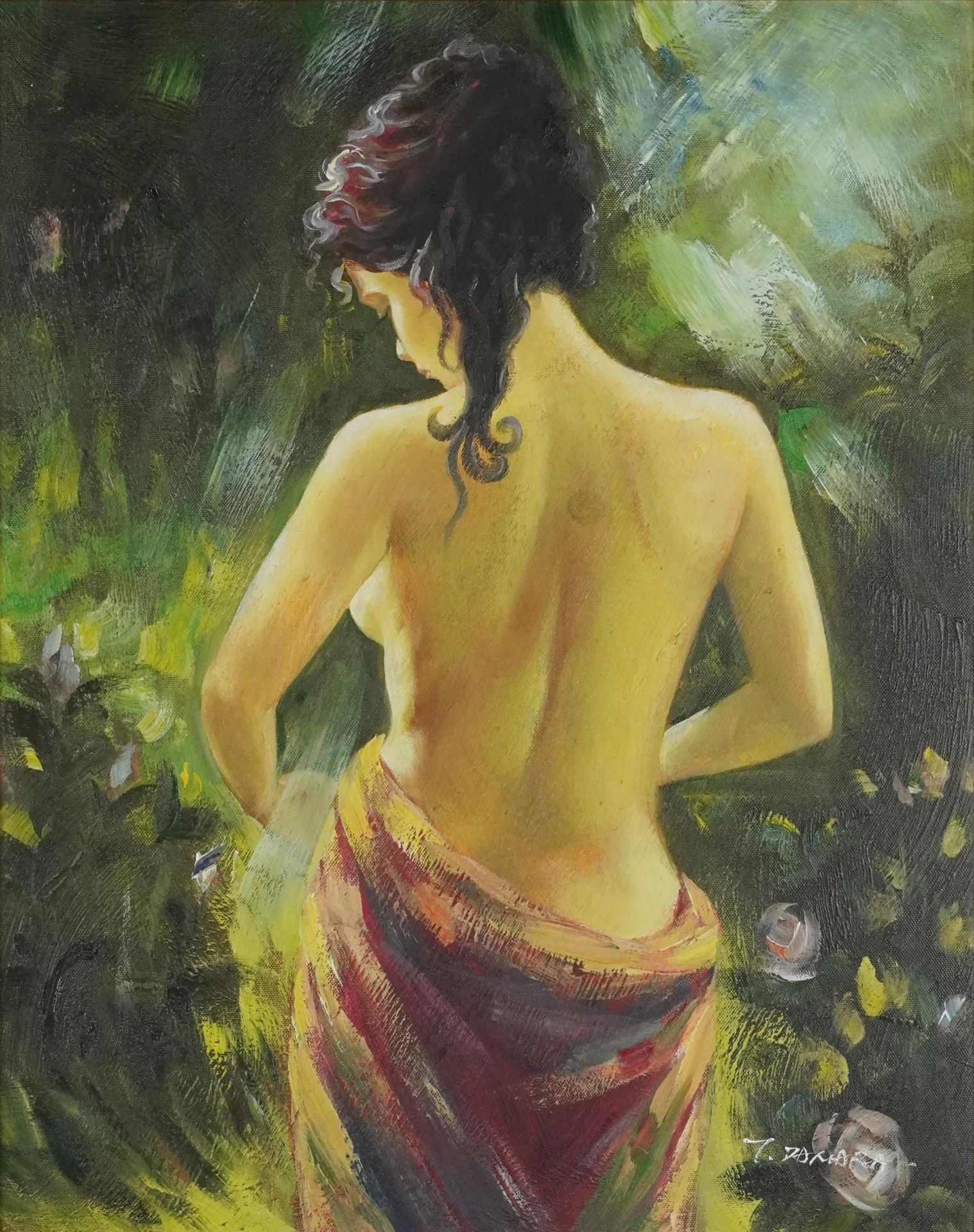 Portrait of a semi nude female contemporary oil on canvas, mounted and framed, 49.5cm x 39.5cm