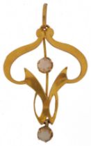 Art Nouveau 9ct gold cabochon opal openwork pendant, 3.5cm high, 1.0g