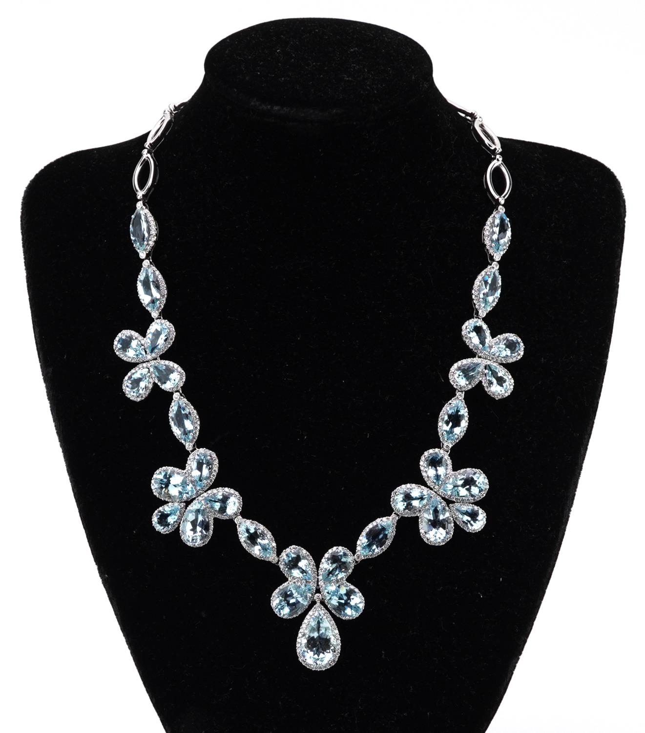 Good 18ct white gold teardrop aquamarine and diamond floral necklace, the largest aquamarine - Image 3 of 9