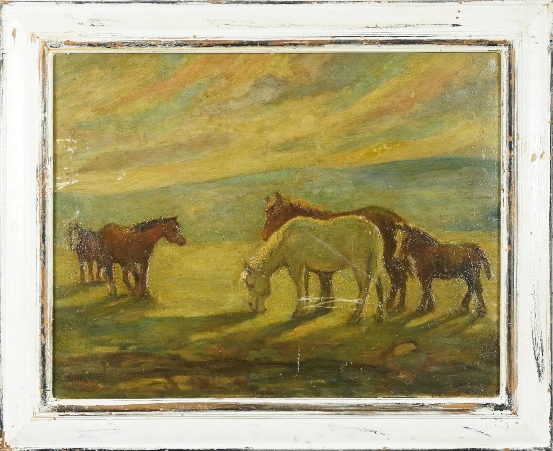 After Harry Fidler - Horses in a field, English school oil on board, mounted and framed, 56cm x 44cm - Bild 2 aus 6