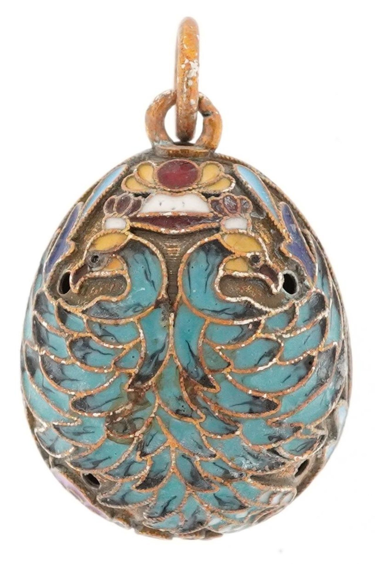 Silver gilt champleve enamel double head eagle egg pendant, impressed Russian marks to the - Image 2 of 2