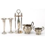 Edwardian and later silver including vanity tools on stand, pair of miniature trumpet shaped vases
