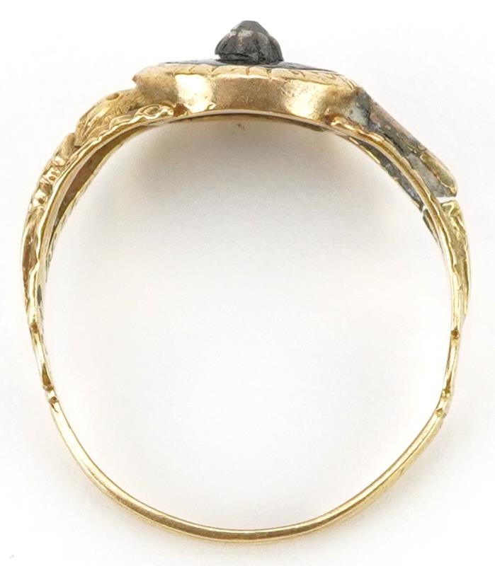 George IV 18ct gold black enamel and diamond mourning ring with ornate floral setting, engraved - Image 3 of 6