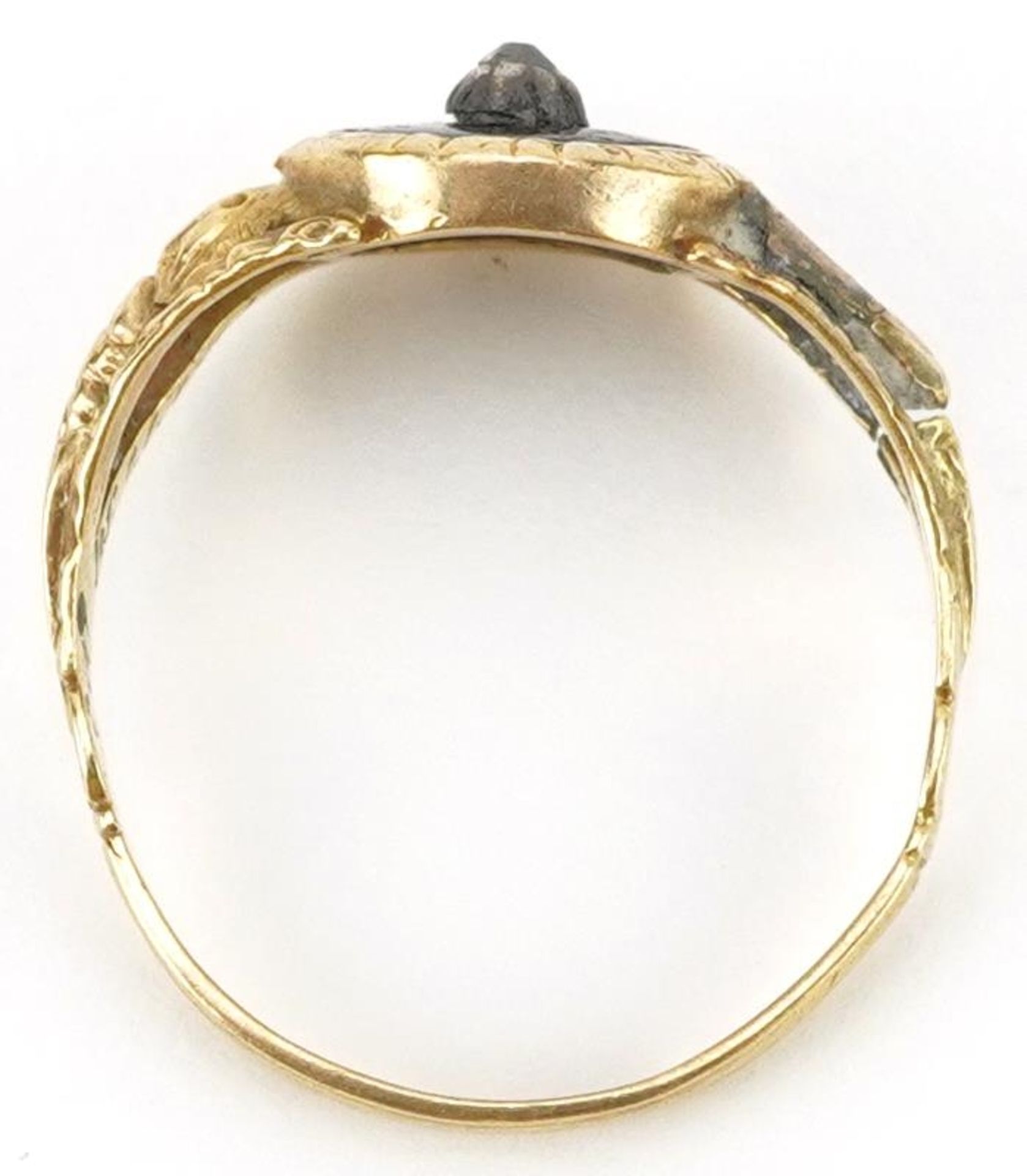 George IV 18ct gold black enamel and diamond mourning ring with ornate floral setting, engraved - Image 3 of 6