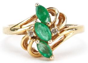 14K gold emerald and diamond naturalistic crossover ring, size L, 2.4g
