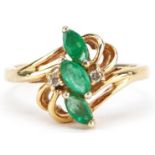 14K gold emerald and diamond naturalistic crossover ring, size L, 2.4g