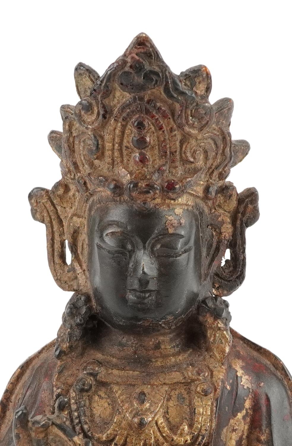 Chino Tibetan gilt bronze figure of Buddha on mythical animal, 22.5cm high - Image 2 of 7