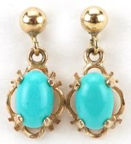 Pair of 9ct gold cabochon turquoise drop earrings, each 1.4cm high, total 1.0g