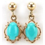 Pair of 9ct gold cabochon turquoise drop earrings, each 1.4cm high, total 1.0g