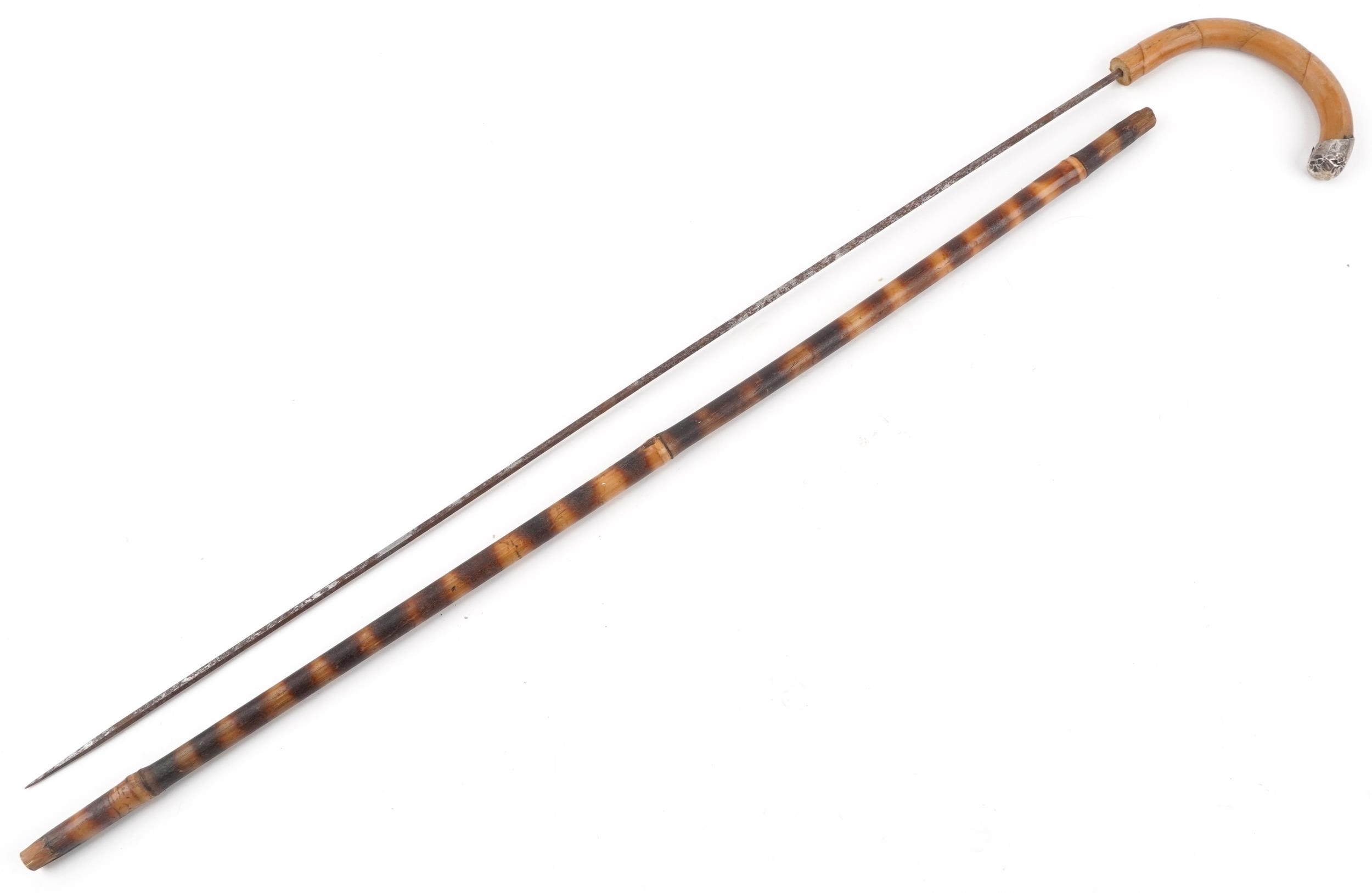Bamboo walking swordstick with steel blade and silver mount impressed Brigg, 84.5cm in length - Image 2 of 4
