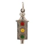 18ct white gold and enamel charm in the form of a traffic light, 1.8cm high, 1.2g