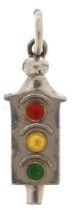 18ct white gold and enamel charm in the form of a traffic light, 1.8cm high, 1.2g