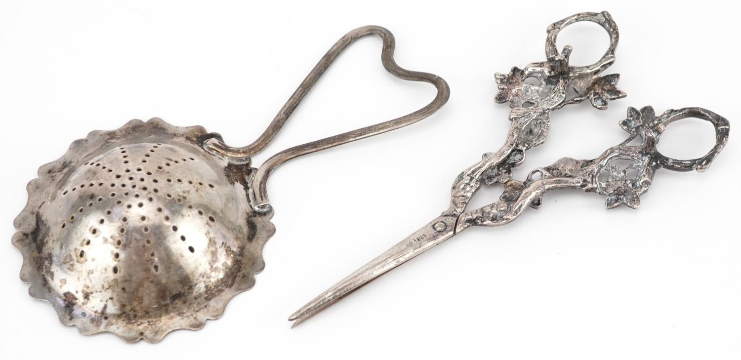 Pair of German 830 grade silver scissors with grape vine design handles and a silver sifting - Image 3 of 5