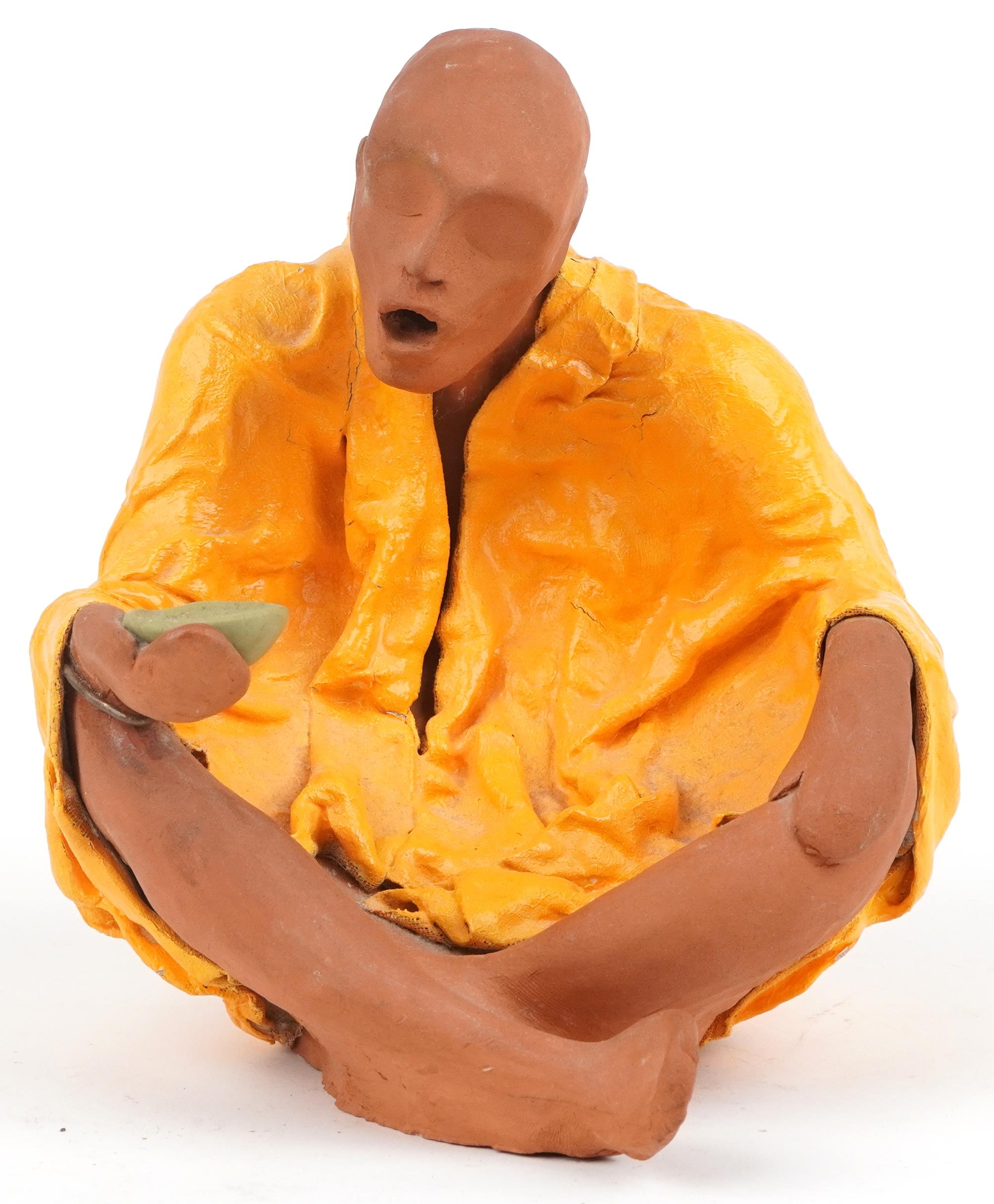 Neil Wilkinson, contemporary Brutalist terracotta sculpture with gesso and enamel paint of a beggar, - Image 2 of 4