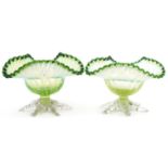 Pair of Victorian six footed Vaseline frilled glass bowls, 12cm in diameter