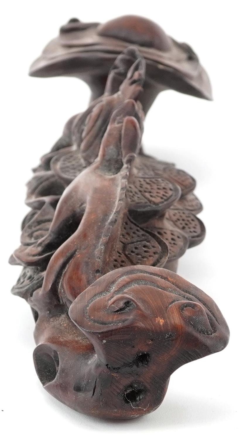 Chinese hardwood ruyi sceptre carved with two dragons chasing the flaming pearl, 43cm wide - Image 4 of 8