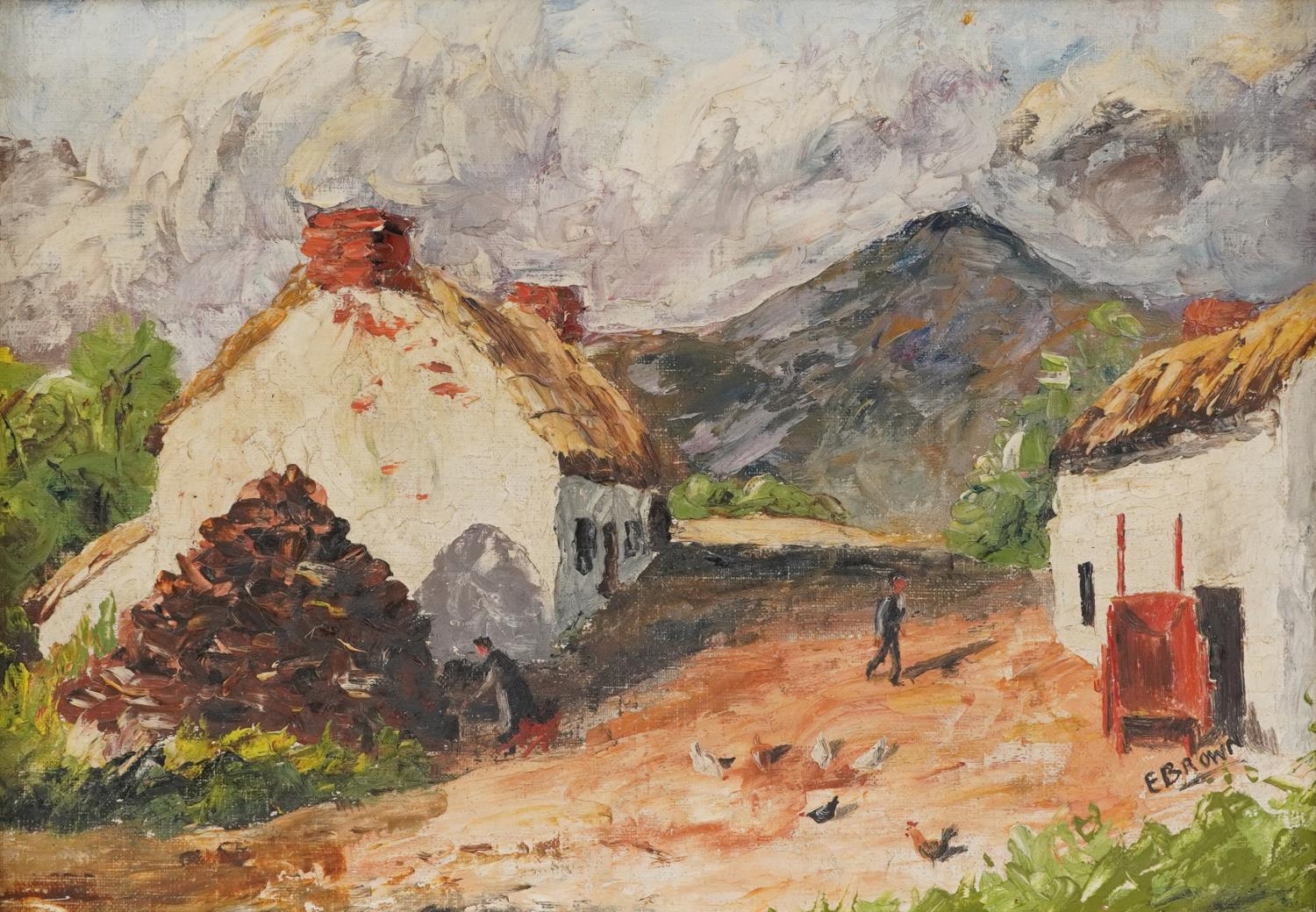 E Brown - Cottages before mountains, Irish school oil on board, mounted and framed, 34cm x 24cm