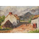 E Brown - Cottages before mountains, Irish school oil on board, mounted and framed, 34cm x 24cm