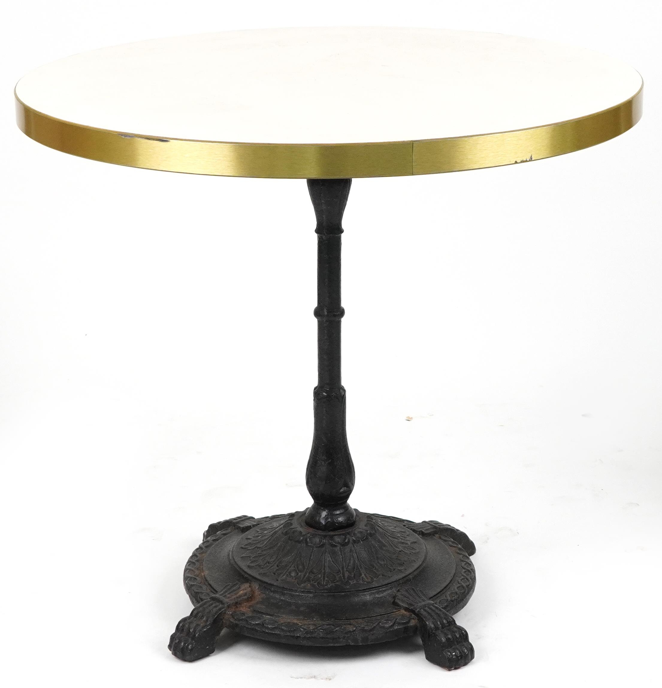 Contemporary circular bistro table with cast iron base and two mahogany chairs with cushions, the - Image 2 of 7