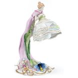 Plaue, German porcelain floral encrusted figural table lamp in the form of an Art Nouveau female,