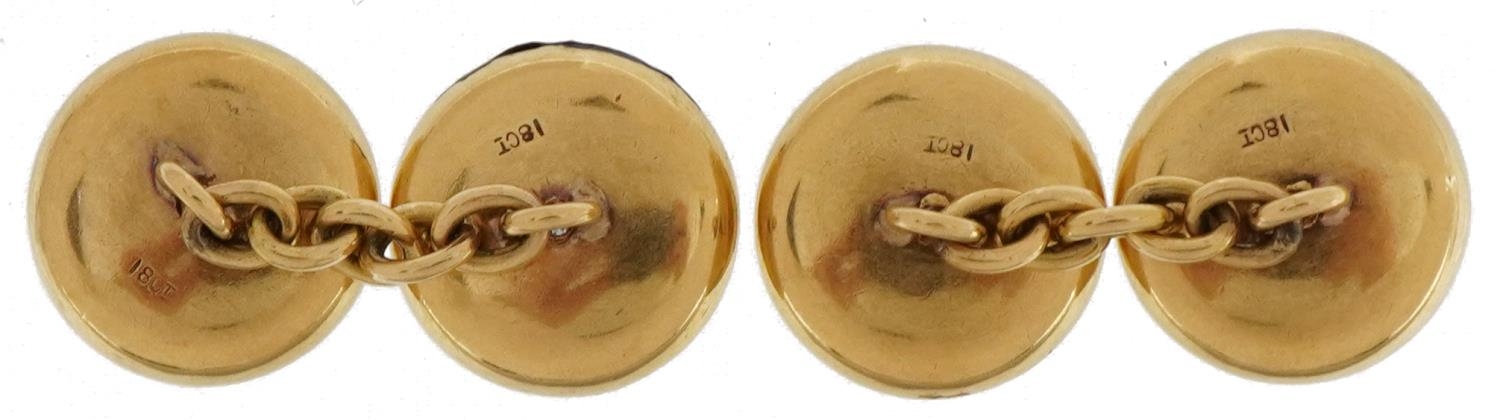 Pair of Art Deco 18ct gold, diamond, mother of pearl and black enamel cufflinks housed in a fitted - Image 3 of 5