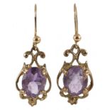 Pair of 9ct gold amethyst drop earrings, 3cm high, total 2.6g