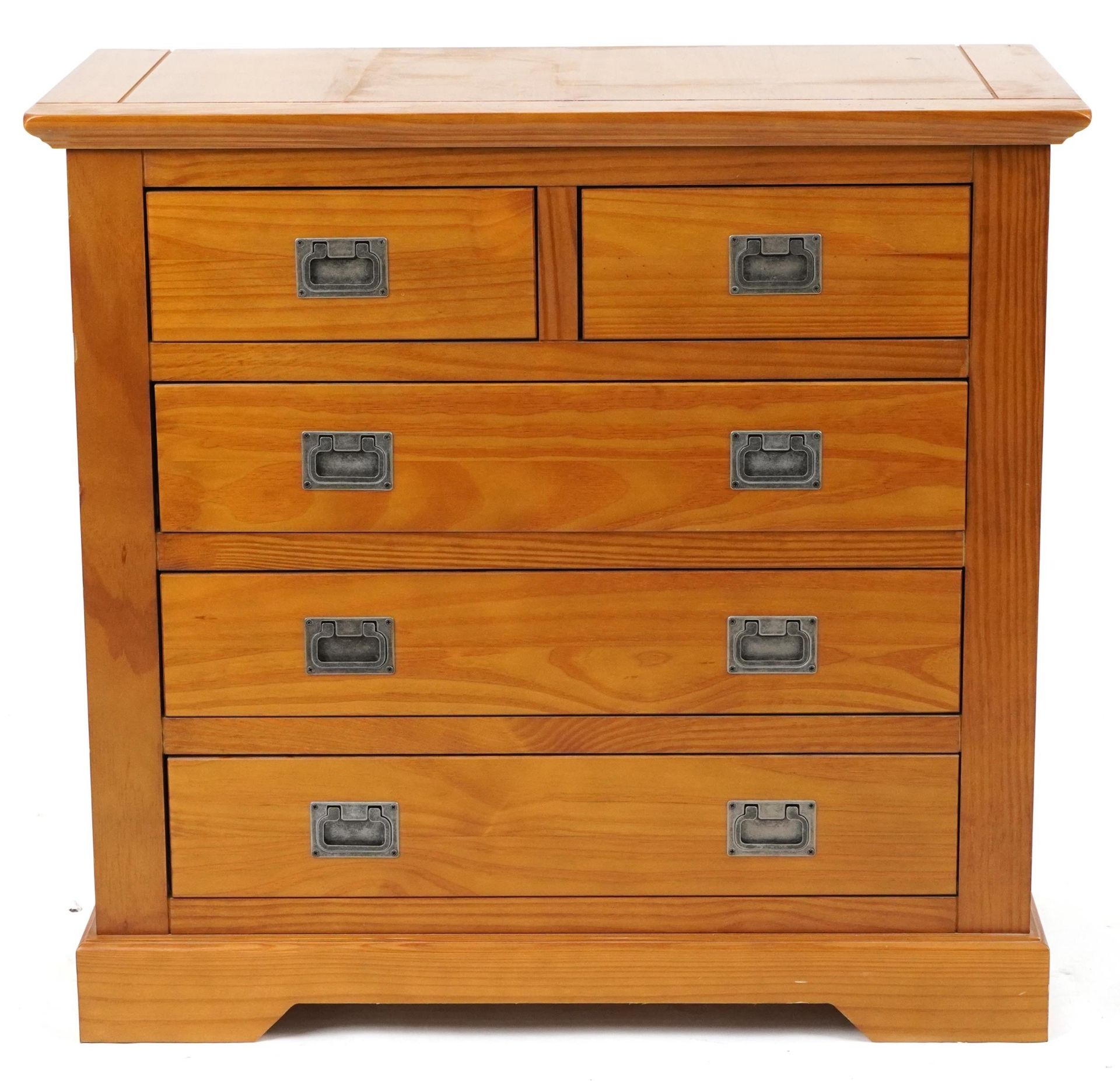 Contemporary light oak five drawer chest with inset silvered metal handles, 79cm H x 84cm W x 44cm D - Image 2 of 4