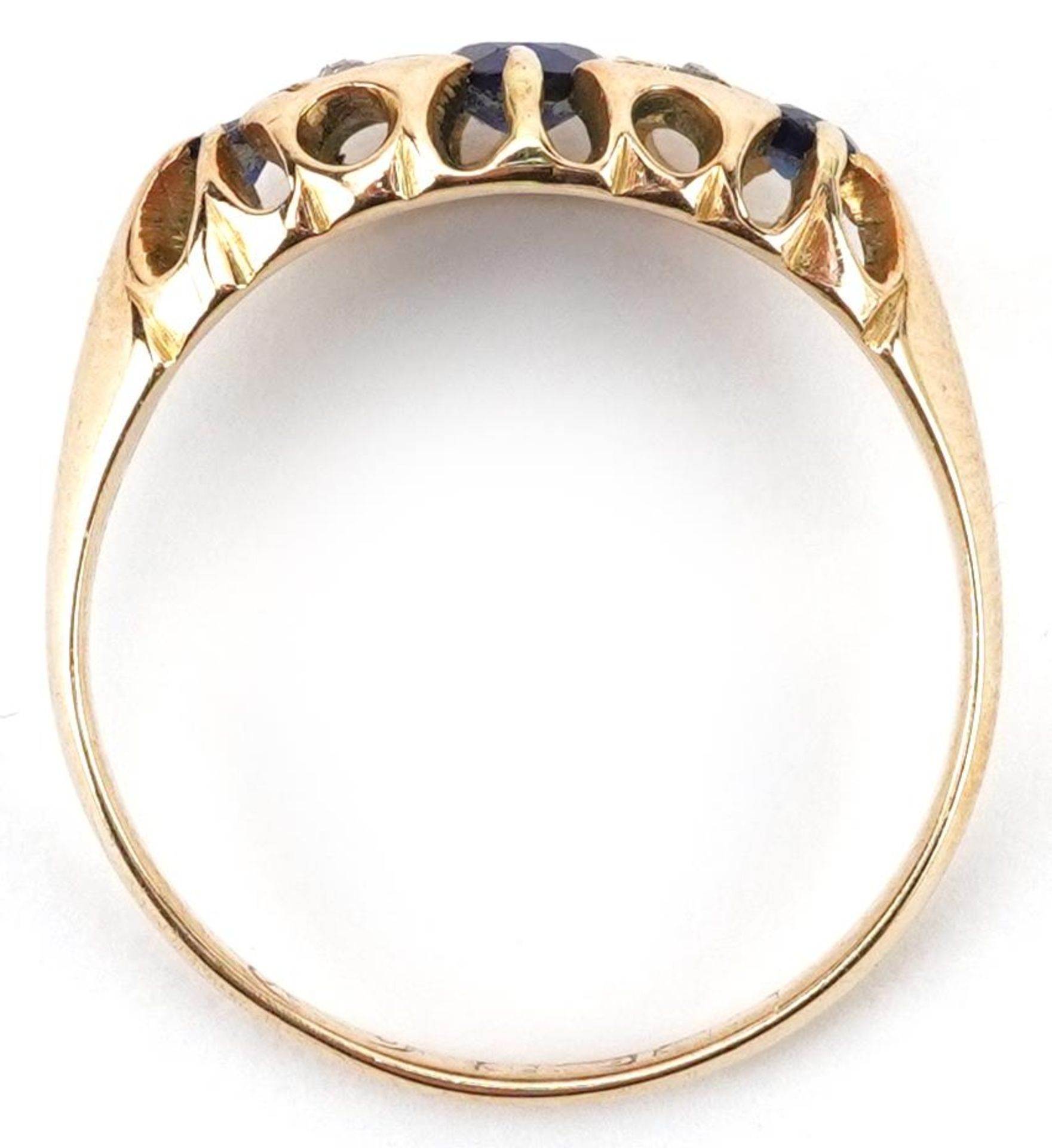 Antique 18ct gold sapphire and diamond seven stone ring with pierced ornate setting, the largest - Image 3 of 5