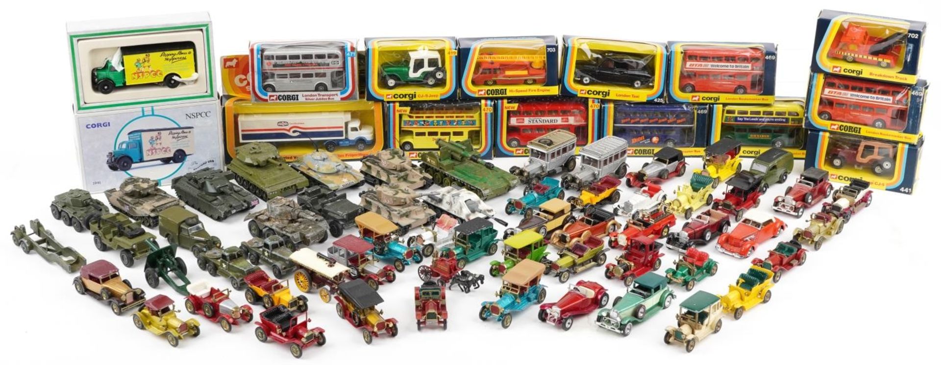 Vintage and later diecast vehicles, some with boxes including Corgi advertising and Dinky army