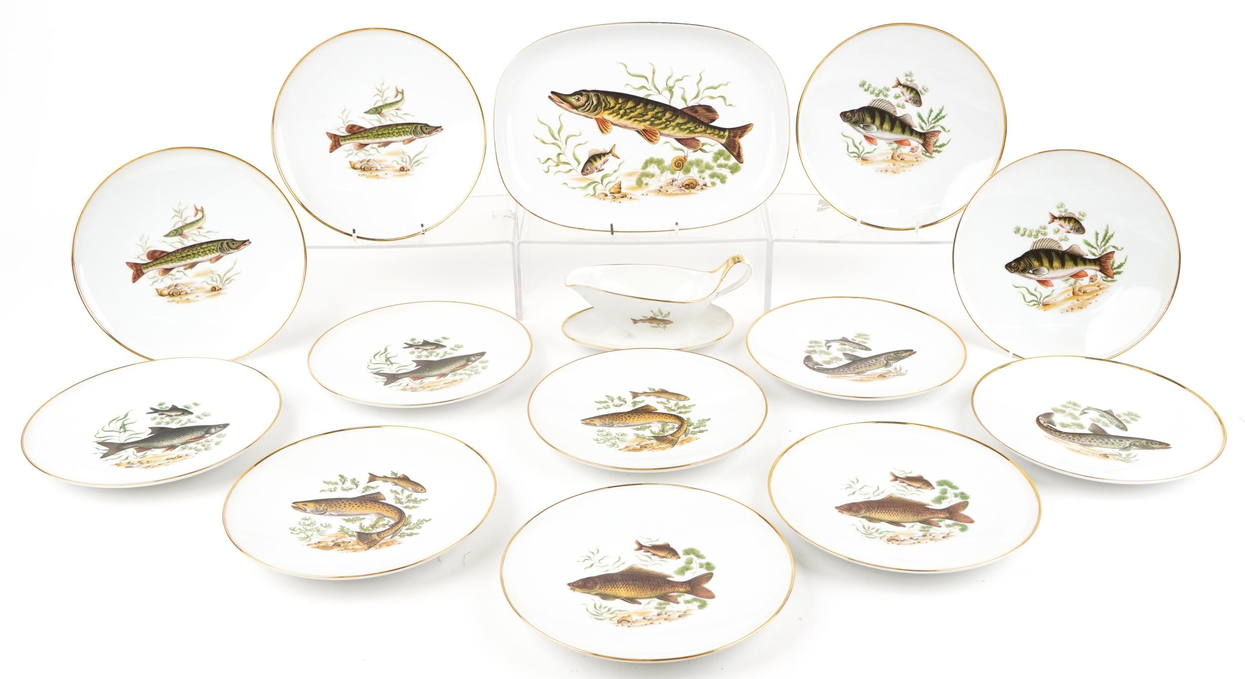 J K W Decor Carlsbad, Bavarian porcelain fish service decorated with various fish comprising