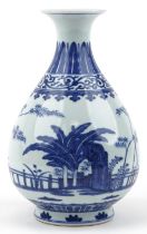 Chinese blue and white porcelain vase hand painted with a palace setting, six figure character marks