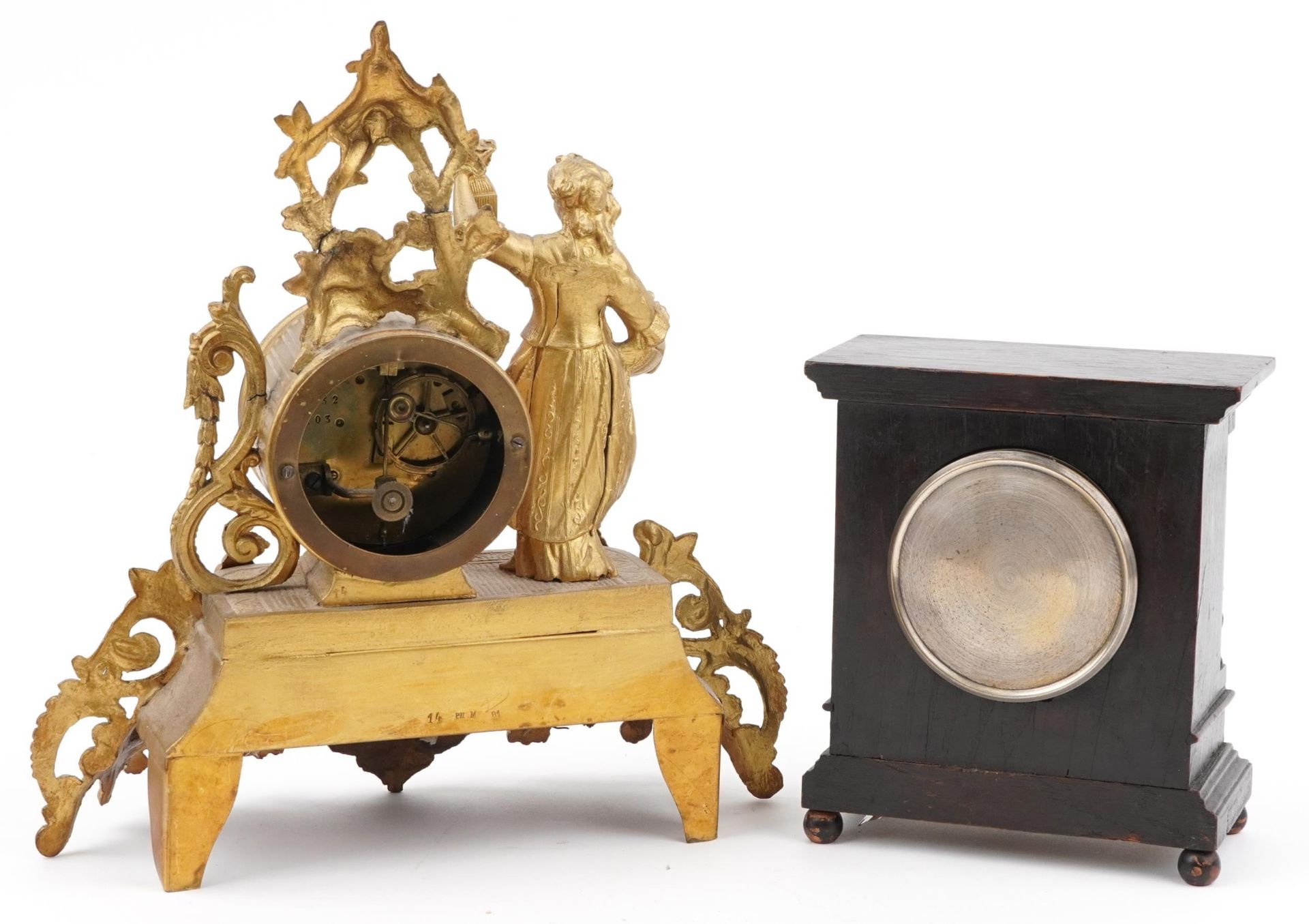 Two mantle clocks comprising a French gilt metal figural example with enamelled dial having Roman - Bild 2 aus 4