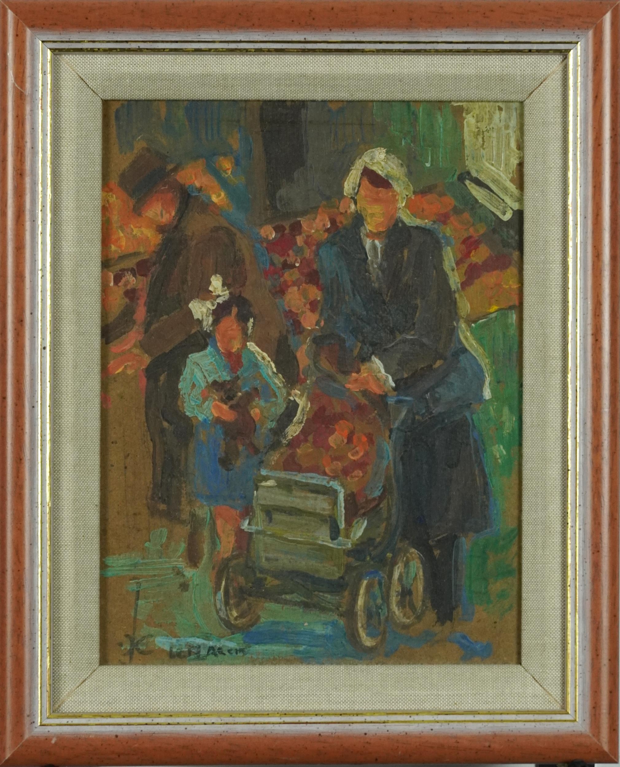 Christiane Caillotin - Market scene with mother and pushchair, contemporary French Impressionist oil - Image 2 of 6