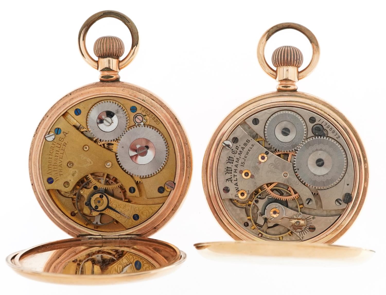 Waltham, two gentlemen's gold plated keyless full hunter pocket watches having enamelled and - Image 3 of 7