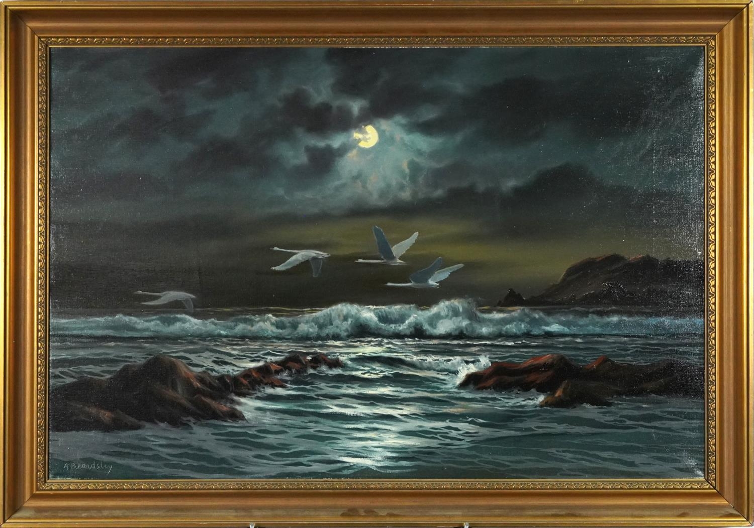 Arnold Beardsley - Moonlit coastal scene with swans, 91cm x 61cm excluding the mount and frame - Image 2 of 6