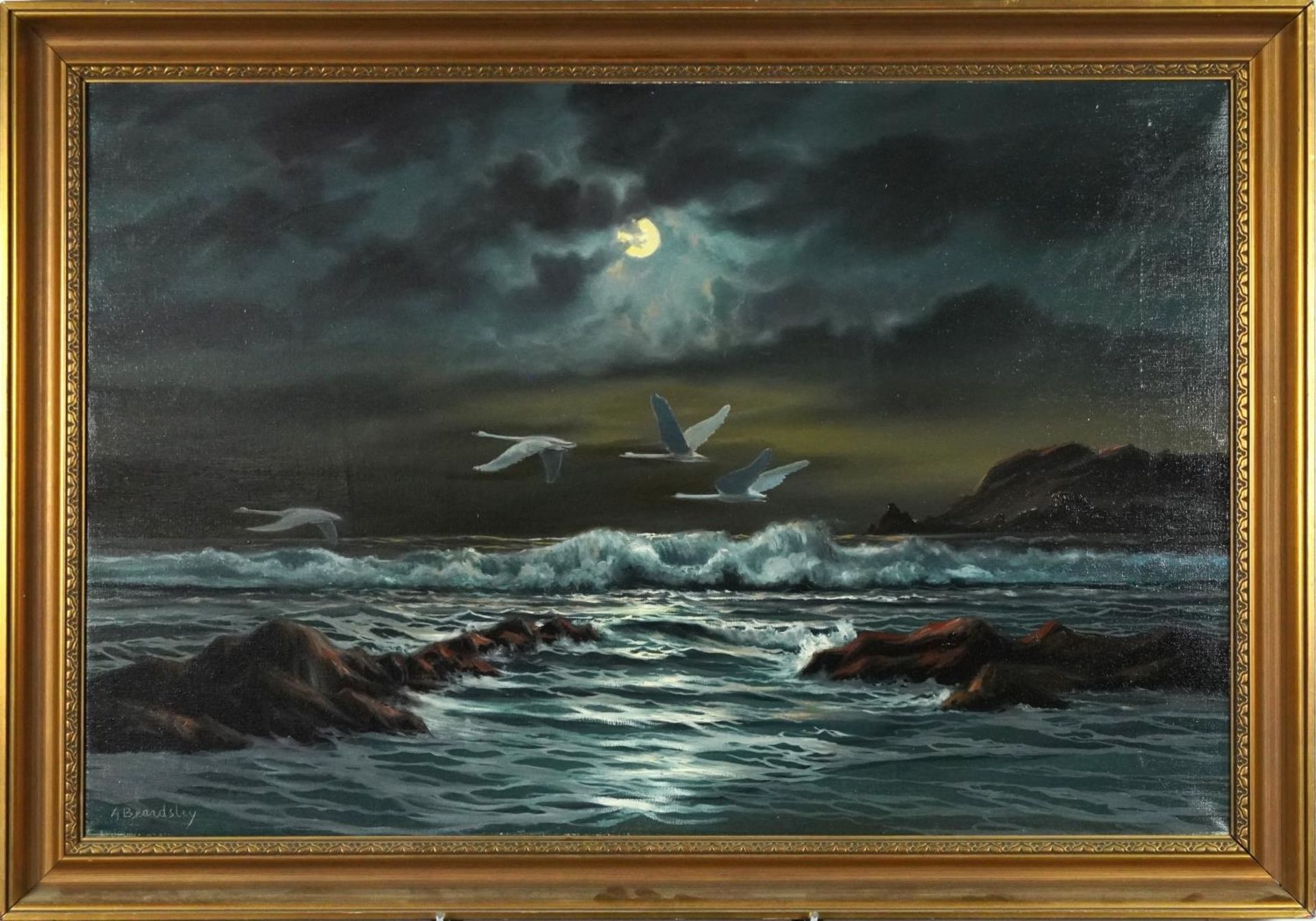 Arnold Beardsley - Moonlit coastal scene with swans, 91cm x 61cm excluding the mount and frame - Bild 2 aus 6