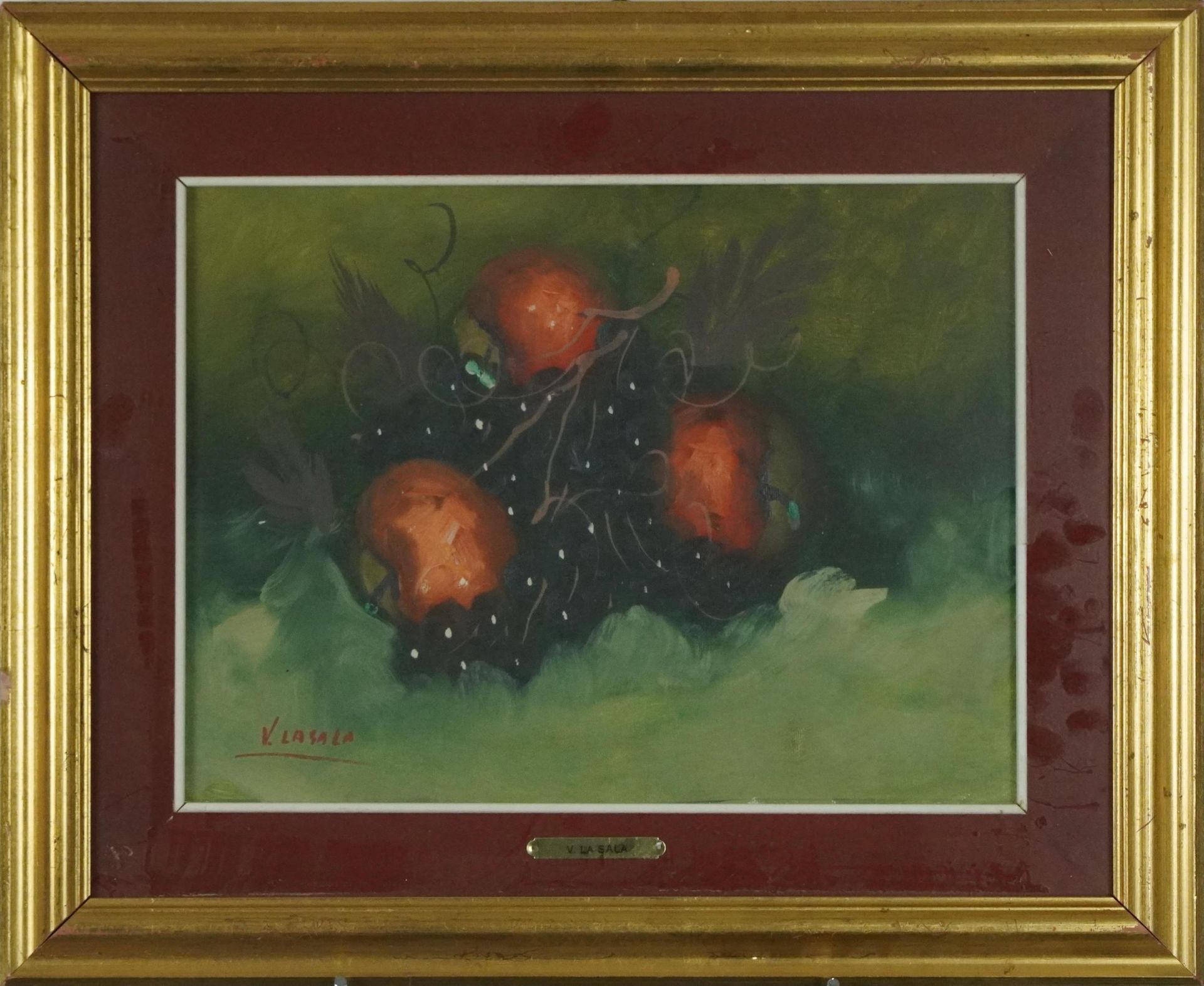 V La Sala - Still life fruit and vessels, pair of Spanish school oils, mounted, framed and glazed, - Bild 7 aus 9