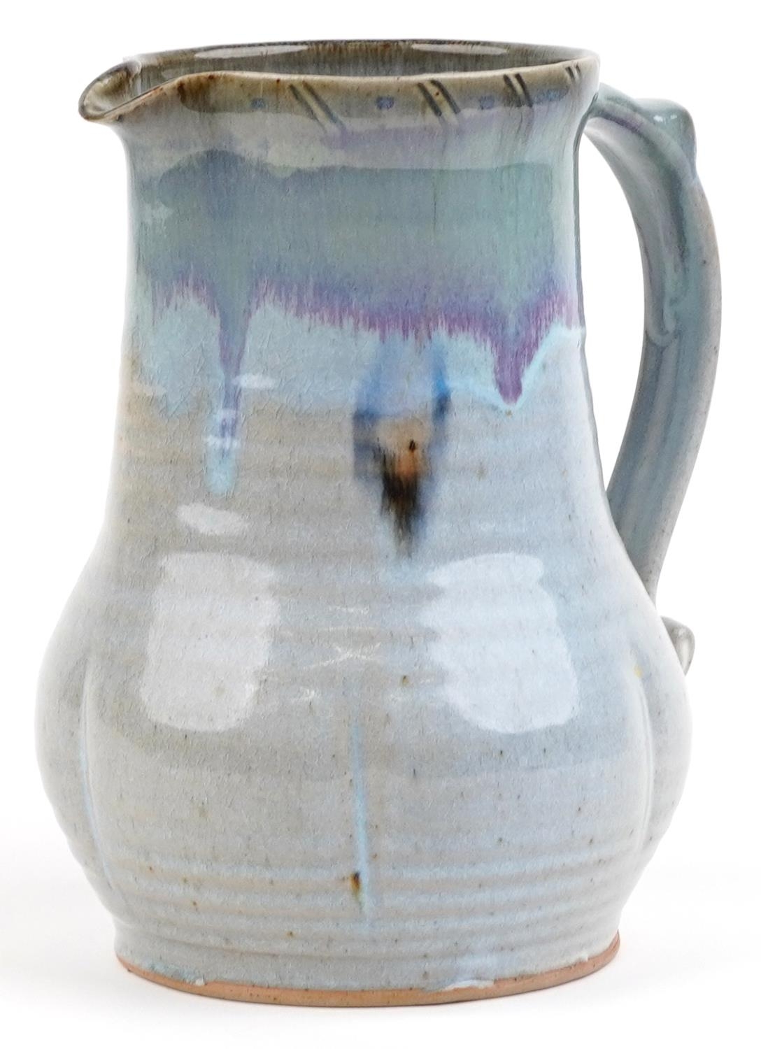Michael Leach, large Yelland studio pottery jug having a mottled purple-brown glaze, impressed marks