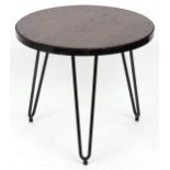 Industrial circular hardwood and wrought iron occasional table with hairpin legs, 53.5cm high x 61cm