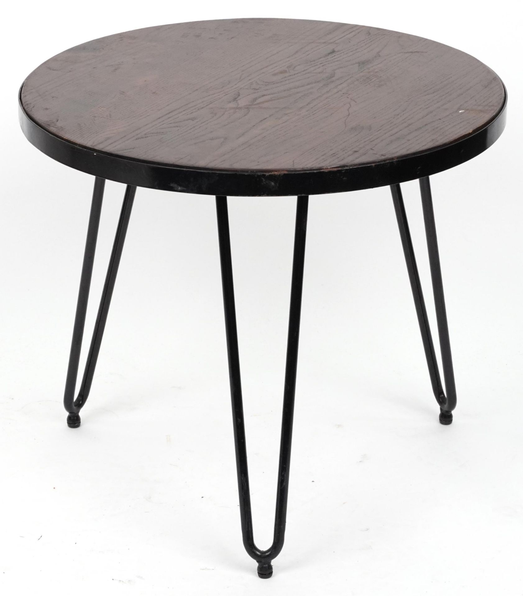 Industrial circular hardwood and wrought iron occasional table with hairpin legs, 53.5cm high x 61cm