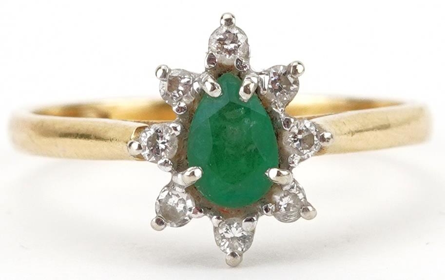 18ct gold teardrop emerald and diamond cluster ring, size M, 2.4g