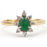 18ct gold teardrop emerald and diamond cluster ring, size M, 2.4g