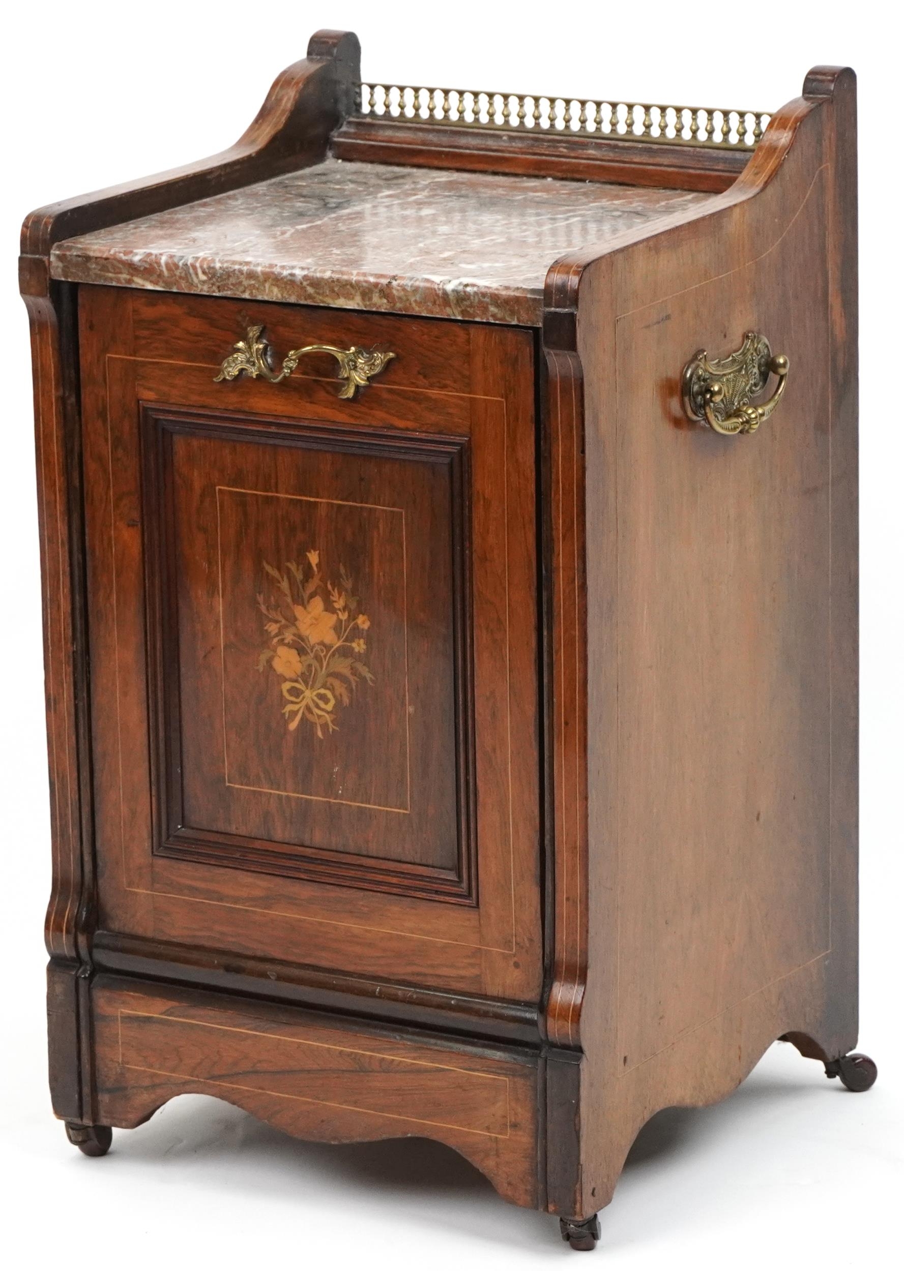 Victorian inlaid rosewood coal scuttle with marble top and brass mounts, 64cm H x 36cm W x 33.5cm D