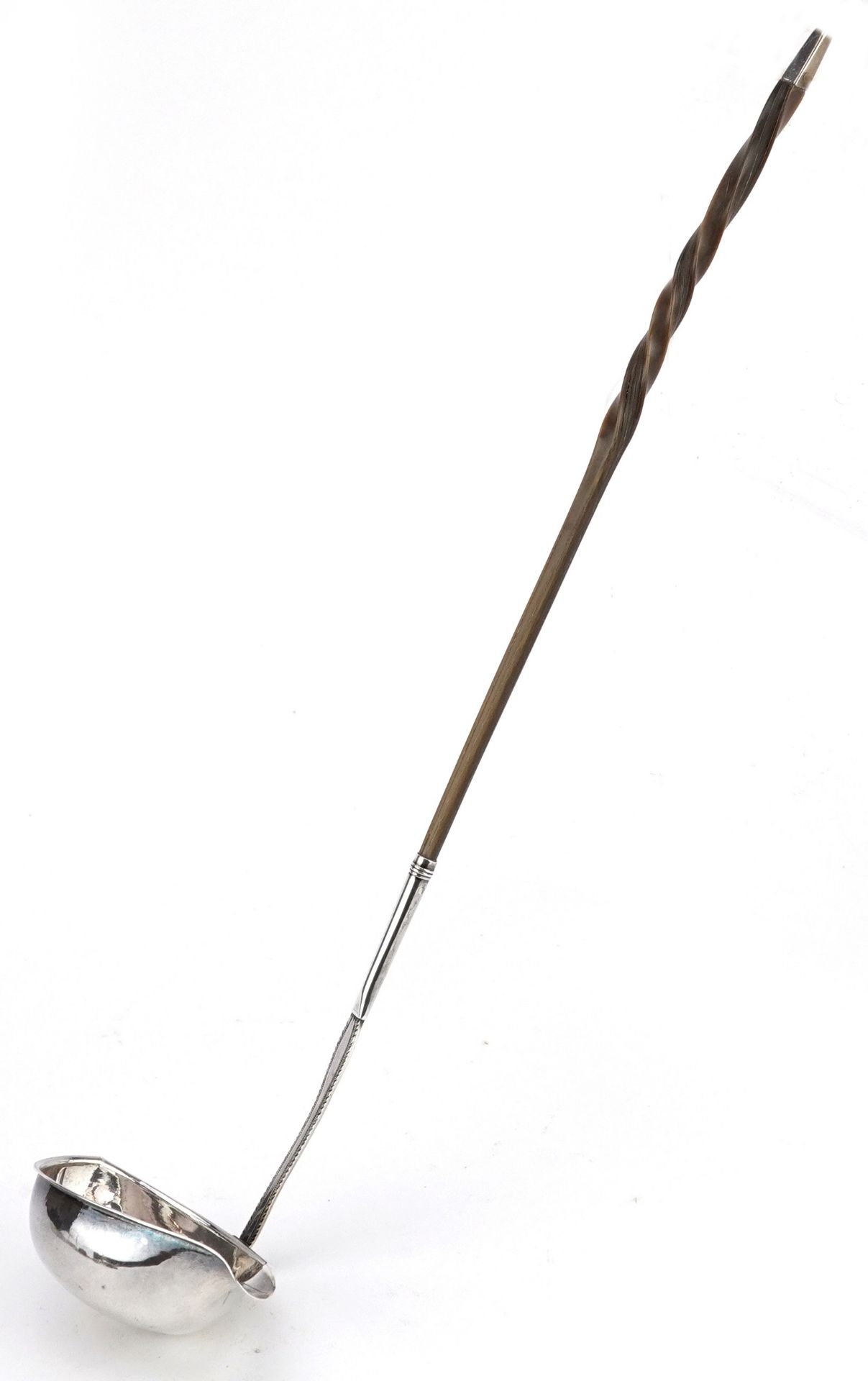 Georgian silver ladle with twisted horn handle, incomplete hallmarks, D H & Co maker's mark, 33cm in